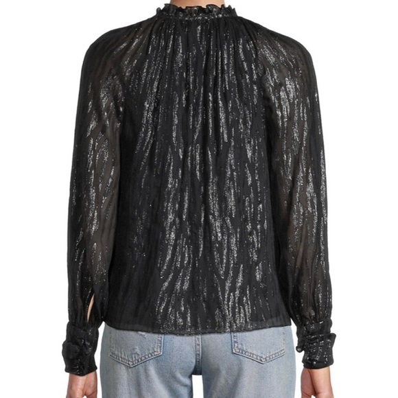 Rebecca Taylor Revolve Shirt Safari Metallic Ruffle Silk Blouse in Black - Picture 6 of 13